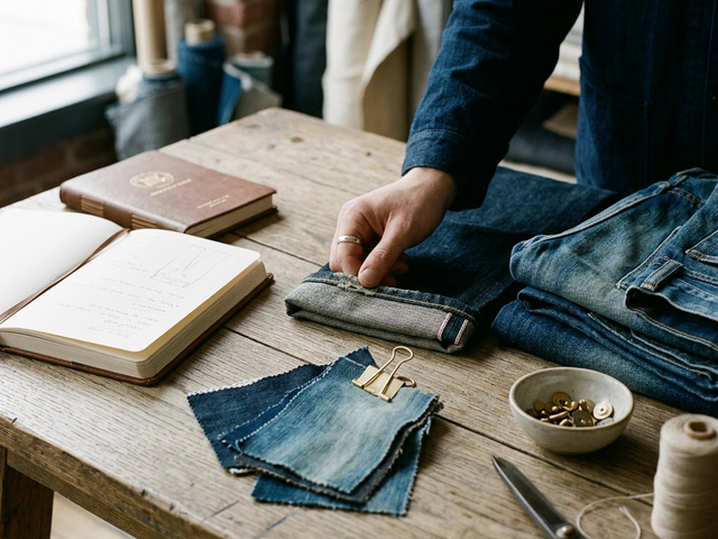 Gefaltete Jeans und Materialnotizen als visuelle Einordnung für leichtes und schweres Stoffgewicht im Alltag