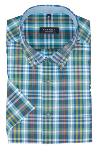 ETERNA COMFORT FIT Kurzarm Hemd - Marina Tartan Lagoon - 3772-63-K14L