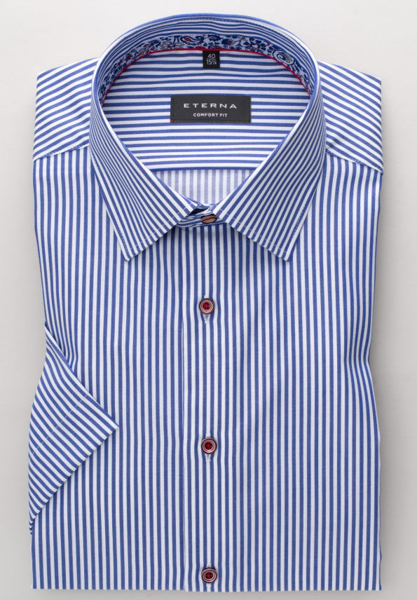 eterna comfort fit sergé à manches courtes bleu blanc rayé 3884-16-k95k von Eterna