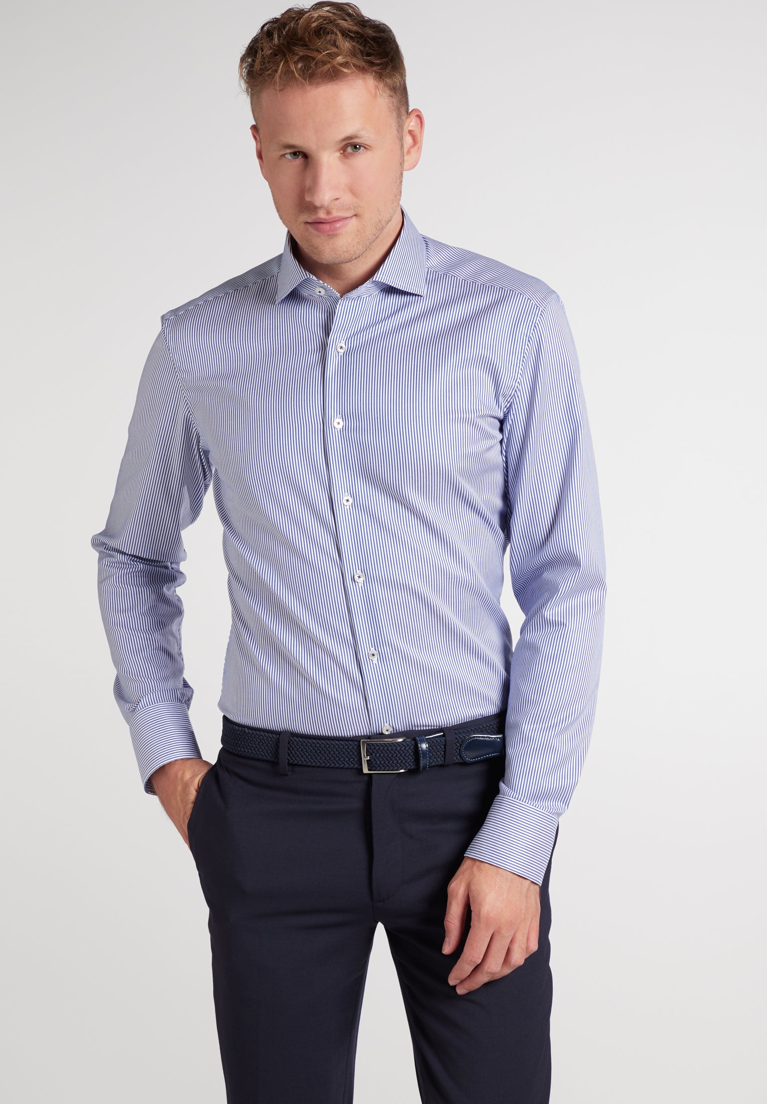 ETERNA 1863 Slim Fit Langarm Hemd - Coastal Pinstripe Blue - 3961-16-F682 von Eterna