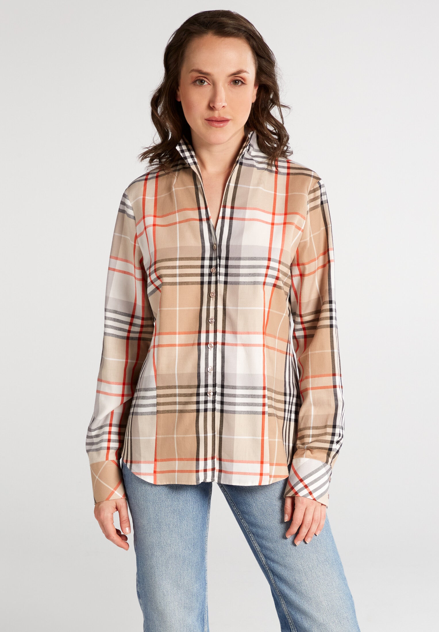 ETERNA REGULAR FIT Langarm Flanell Bluse - Tangerine Tartan Beige - 6321-81-D775