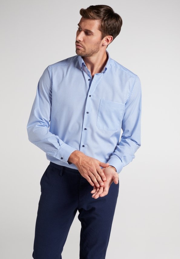 ETERNA COMFORT FIT Langarm Hemd - Coastal Gingham Blue - 8915-12-E14L