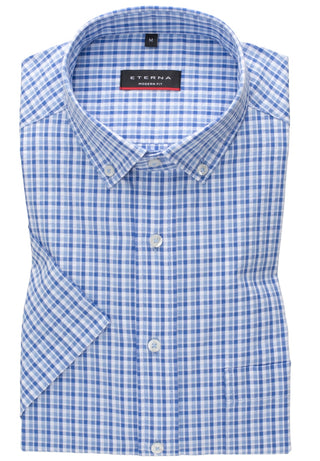 ETERNA MODERN FIT Kurzarm Hemd - Cornflower Grid Blue - 2374-12-C293