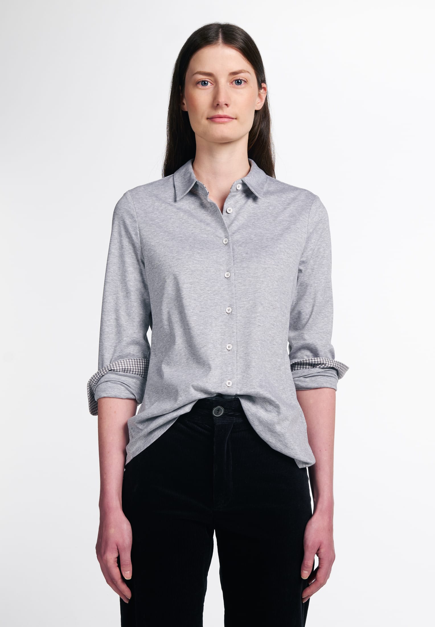 ETERNA FITTED Langarm Bluse - Silver Houndstooth Grey - 5157-31-DF05 von Eterna