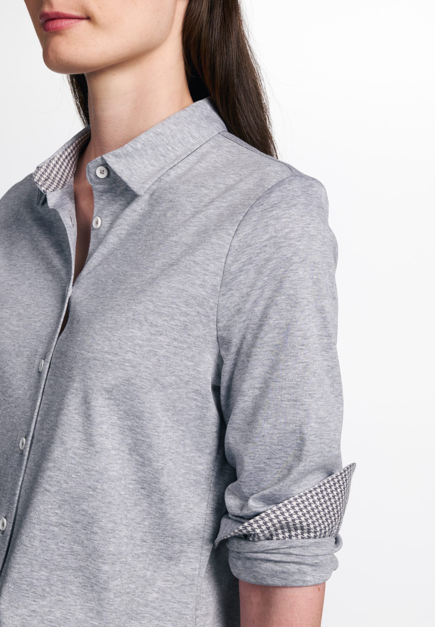 ETERNA FITTED Langarm Bluse - Silver Houndstooth Grey - 5157-31-DF05 von Eterna