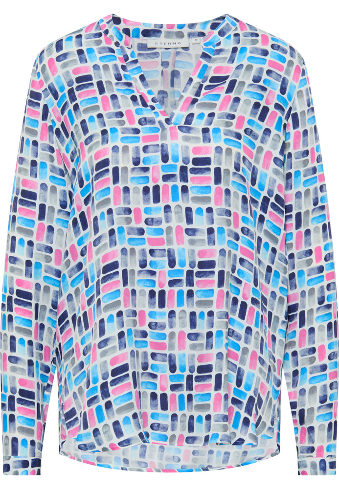 ETERNA CLASSIC FIT Langarm Bluse - Neon Mosaic Sky - 7722-16-D931