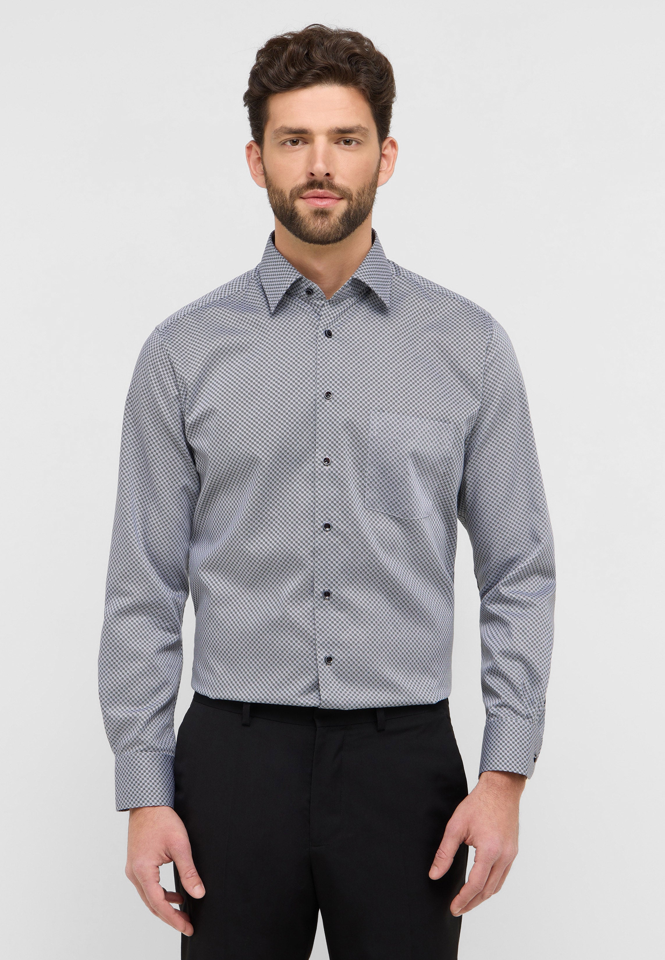 ETERNA MODERN FIT Langarm Hemd - Silver Grid Blue - 4220-35-X181