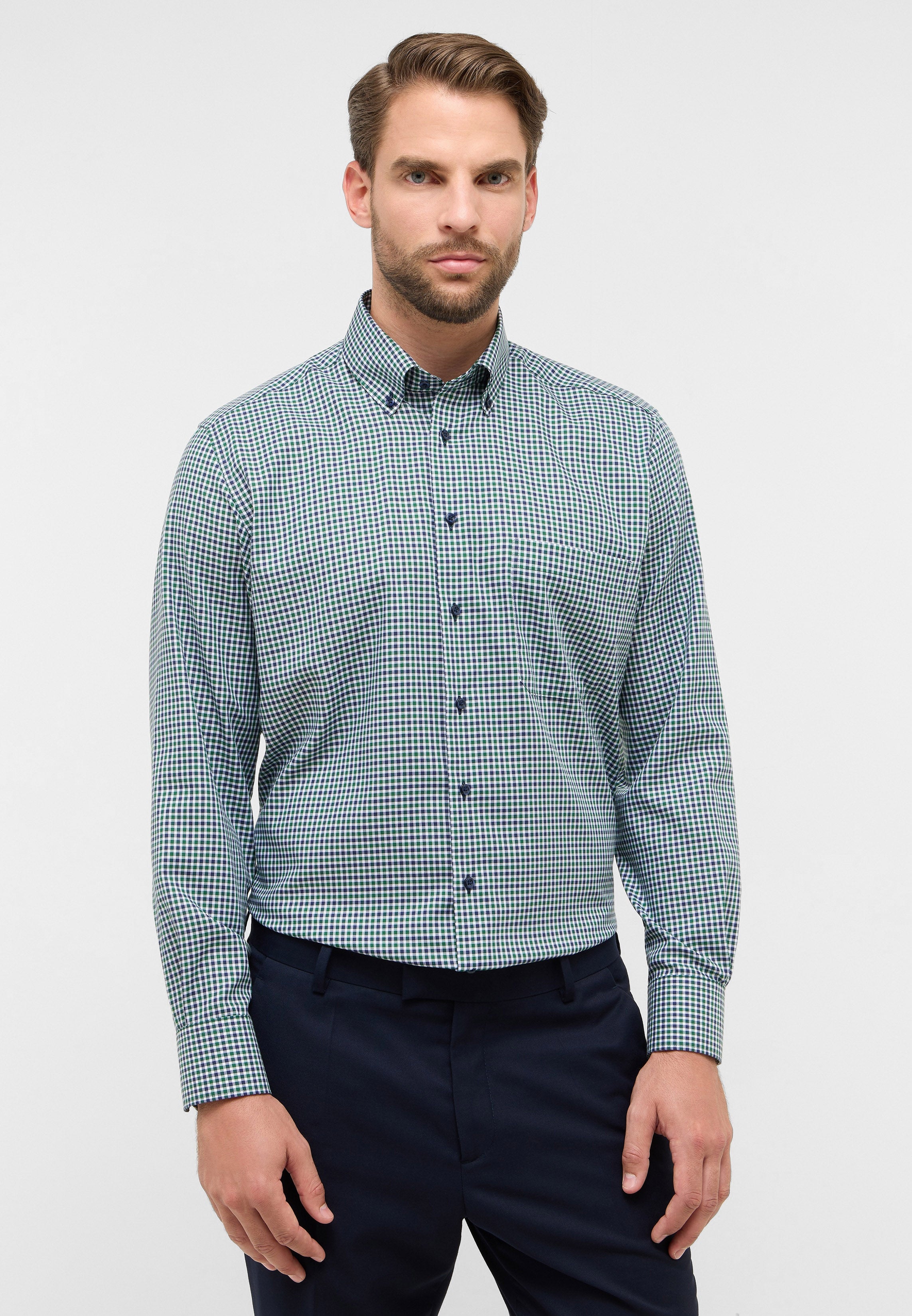 ETERNA COMFORT FIT Langarm Hemd - Evergreen Grid Blue - 1012-45-E114 von Eterna