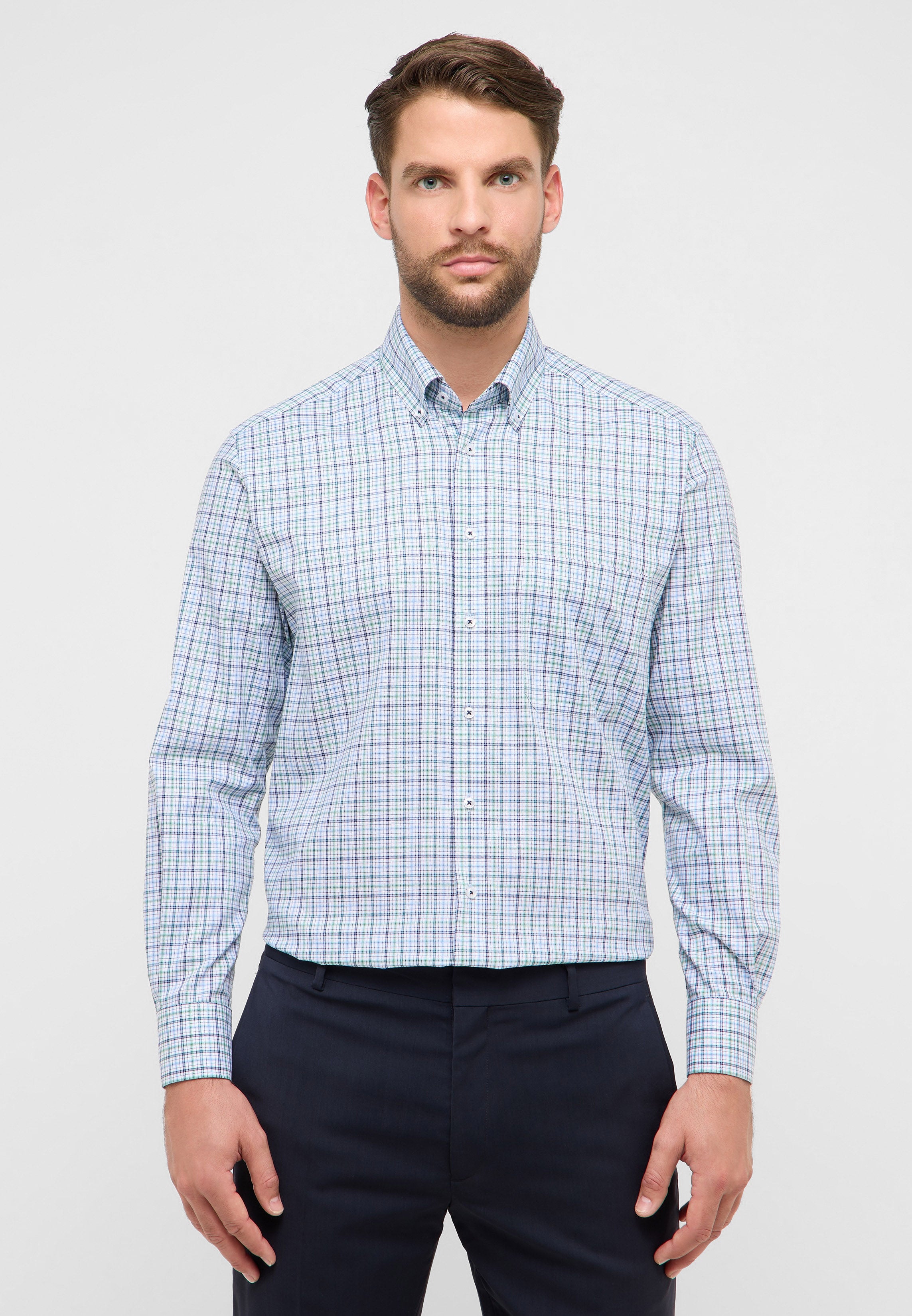 ETERNA COMFORT FIT Langarm Hemd - Seafoam Plaid Blue - 1278-40-E114 von Eterna