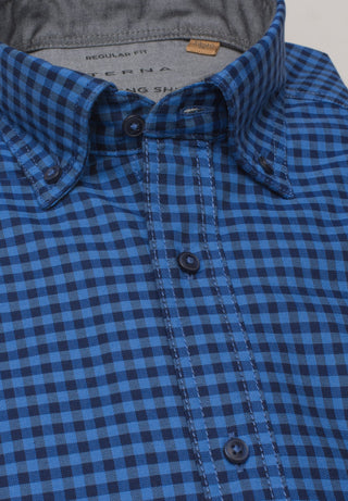 ETERNA Regular Fit Upcycling Langarm Hemd - Midnight Gingham Blue - 2478-08-VS5B