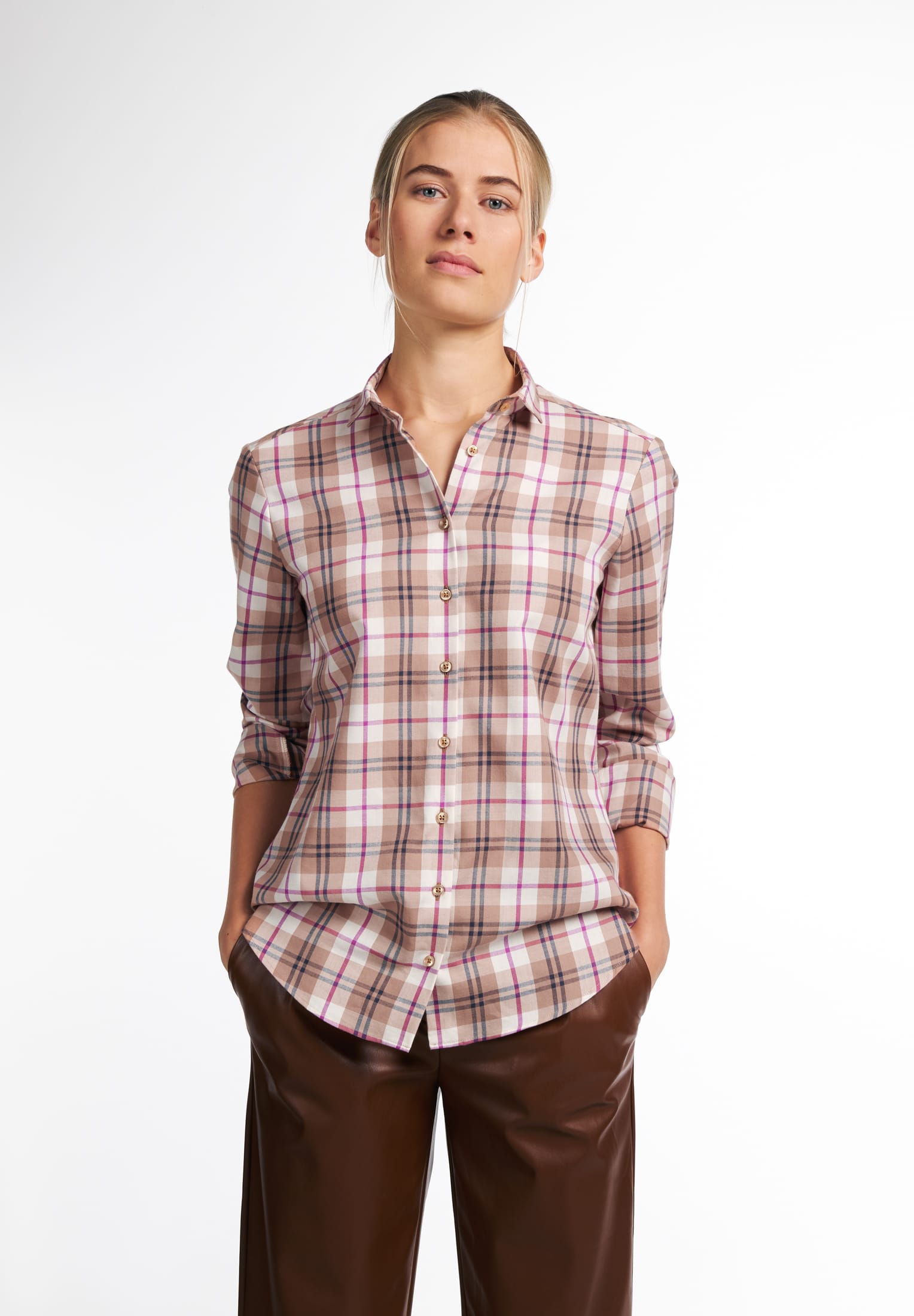 ETERNA UPCYCLING Classic Fit Bluse - Cappuccino Fuchsia Check - 6202-20-D935