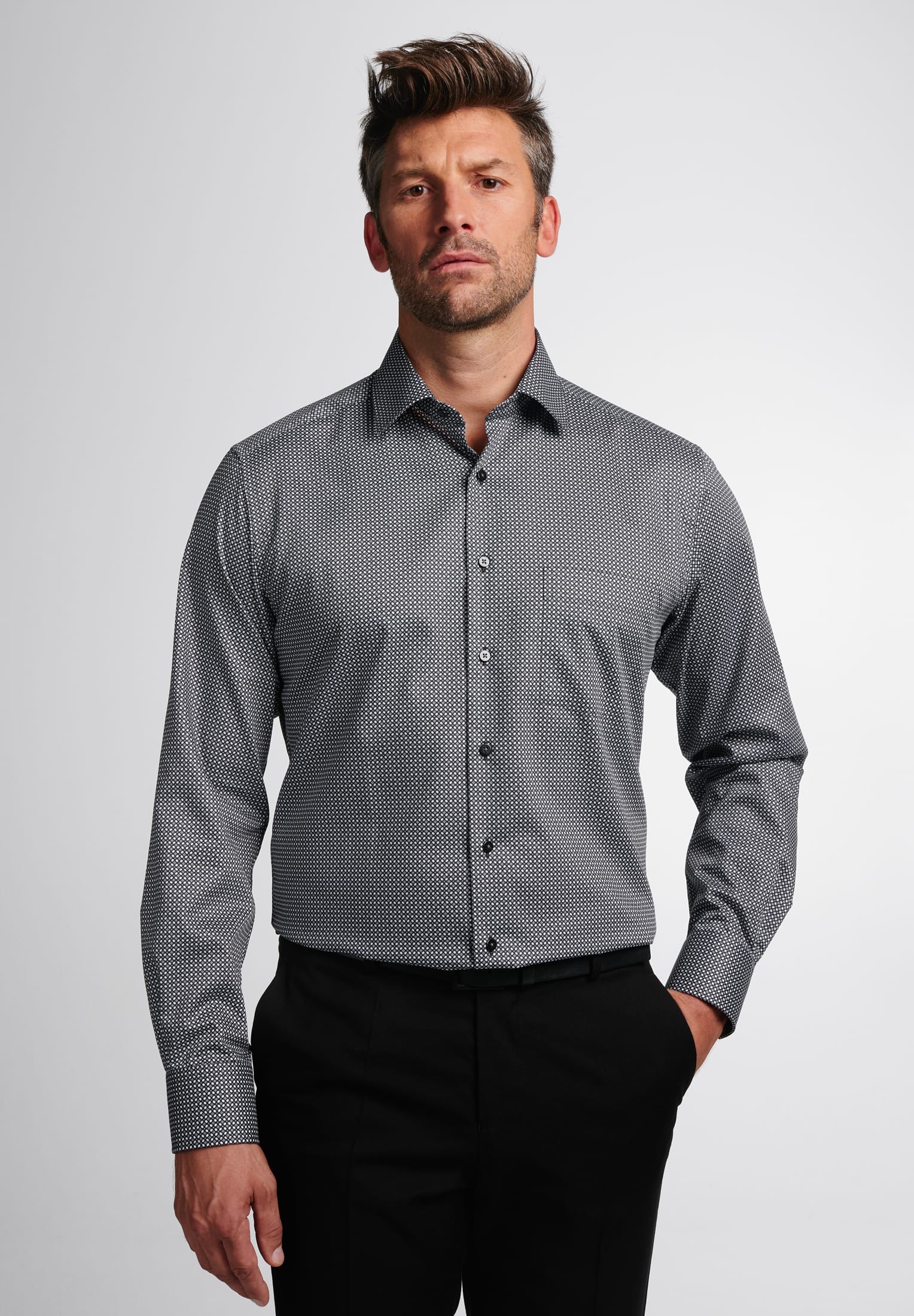 ETERNA MODERN FIT Langarm Hemd - Dotted Mercury Black - 3391-39-X19P von Eterna