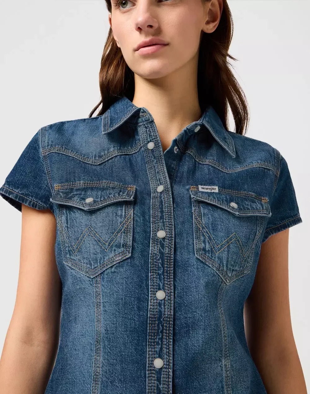 WRANGLER SHRUNKEN Jeansshirt Kurzarm Bluse - Midnight Ripple Indigo - 112362604