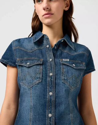 WRANGLER SHRUNKEN Jeansshirt Kurzarm Bluse - Midnight Ripple Indigo - 112362604