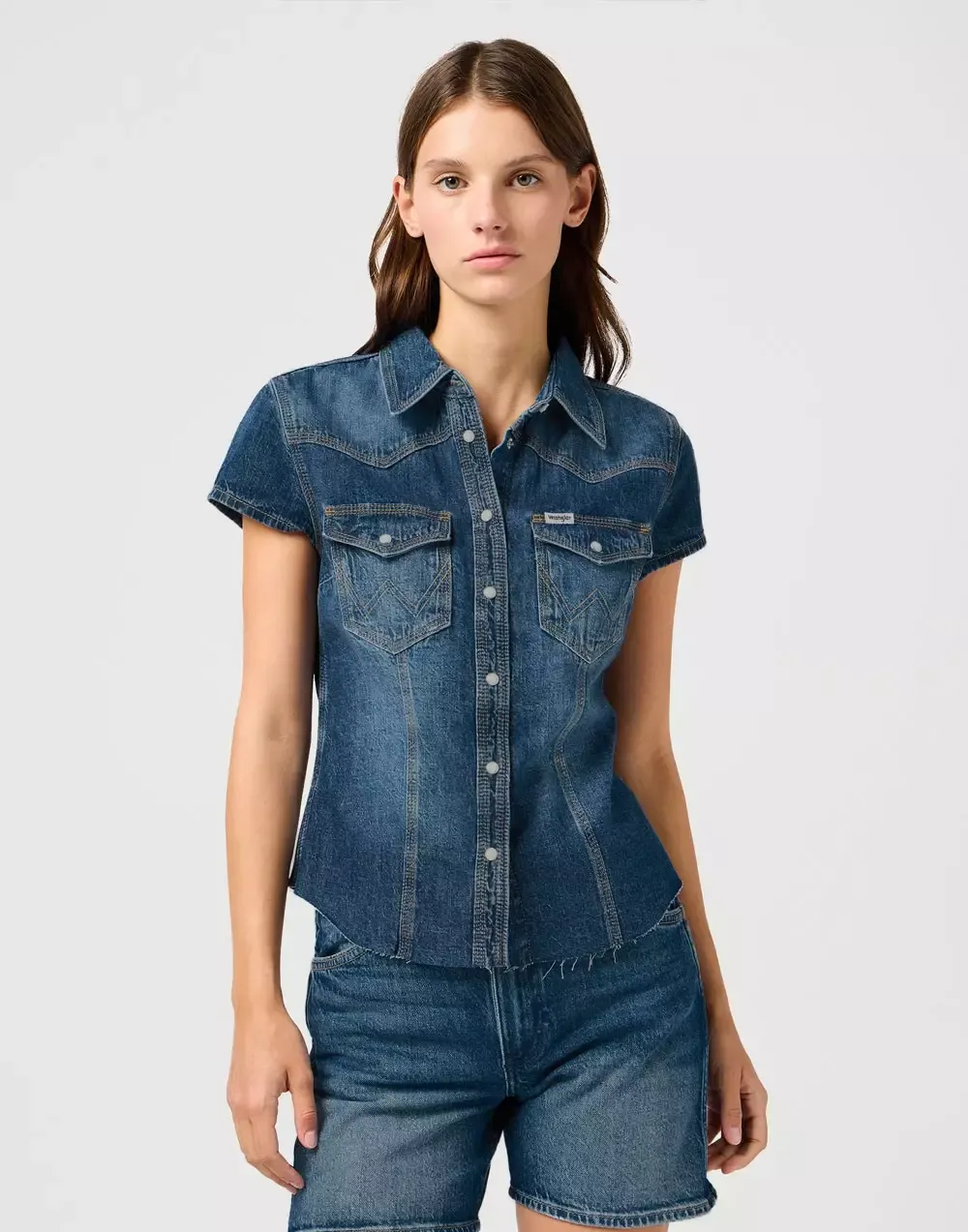 WRANGLER SHRUNKEN Jeansshirt Kurzarm Bluse - Midnight Ripple Indigo - 112362604