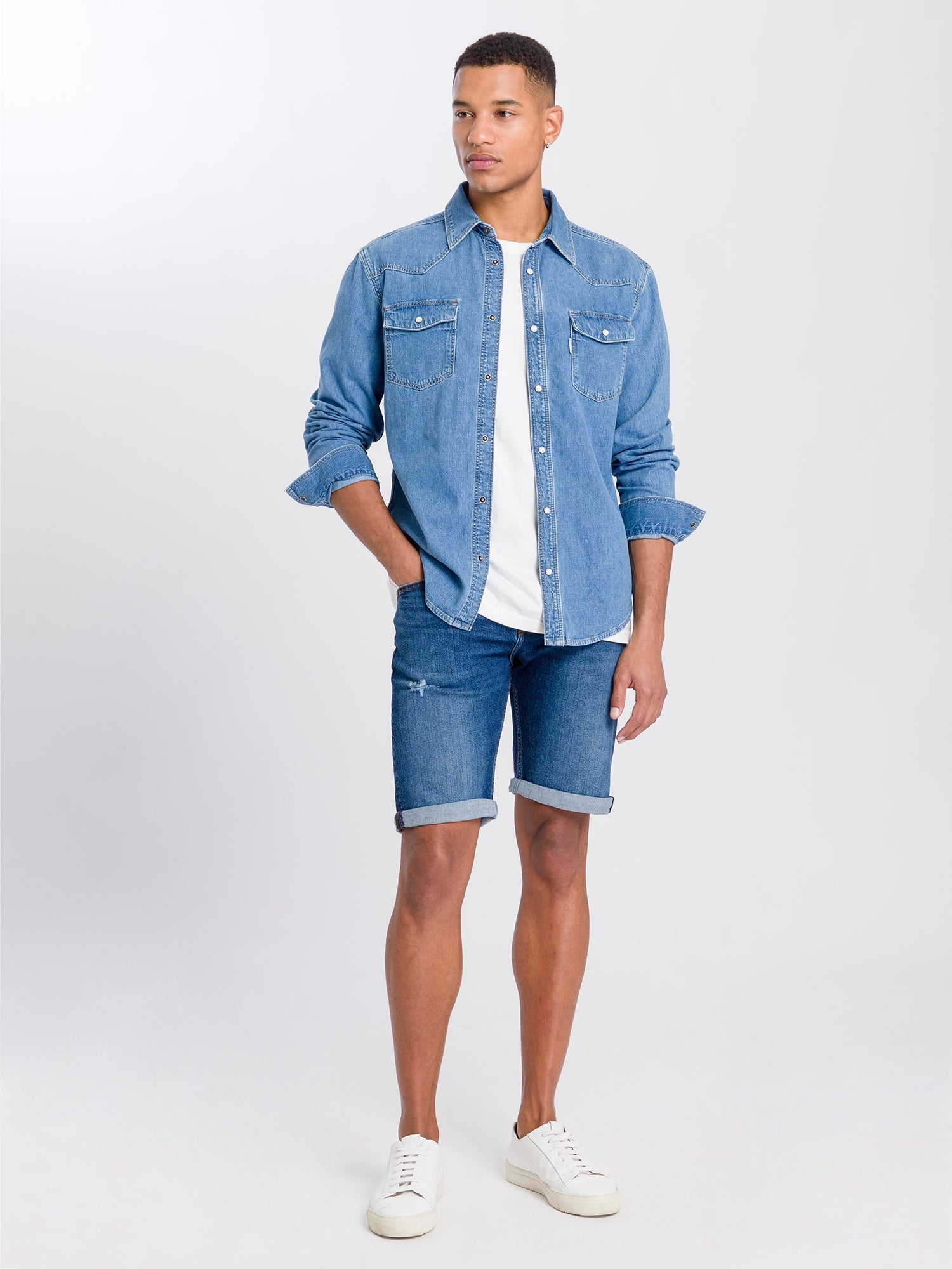 CROSS JEANS Langarm Jeanshemd - Washed Harbor Blue - A208-066 von Cross Jeans