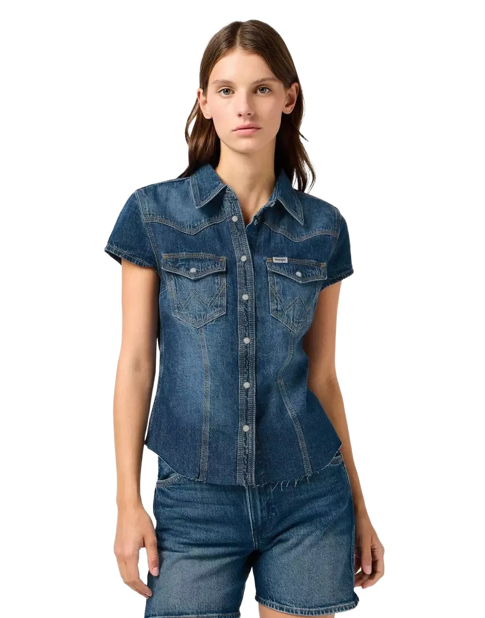WRANGLER SHRUNKEN Jeansshirt Kurzarm Bluse - Midnight Ripple Indigo - 112362604